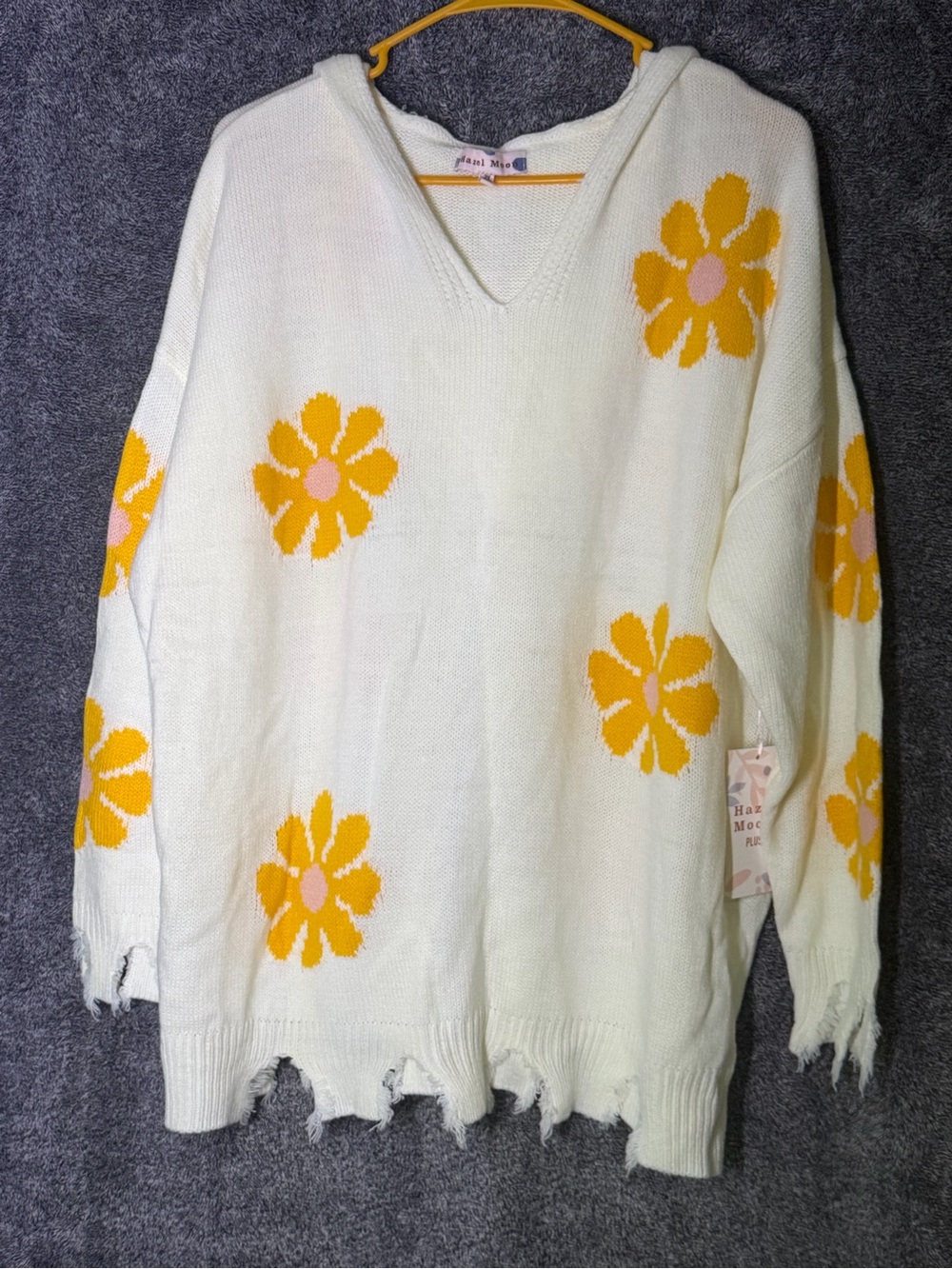 Hazel Moon 2X Floral V-Neck Knit Sweater - Cream with Yellow flowers